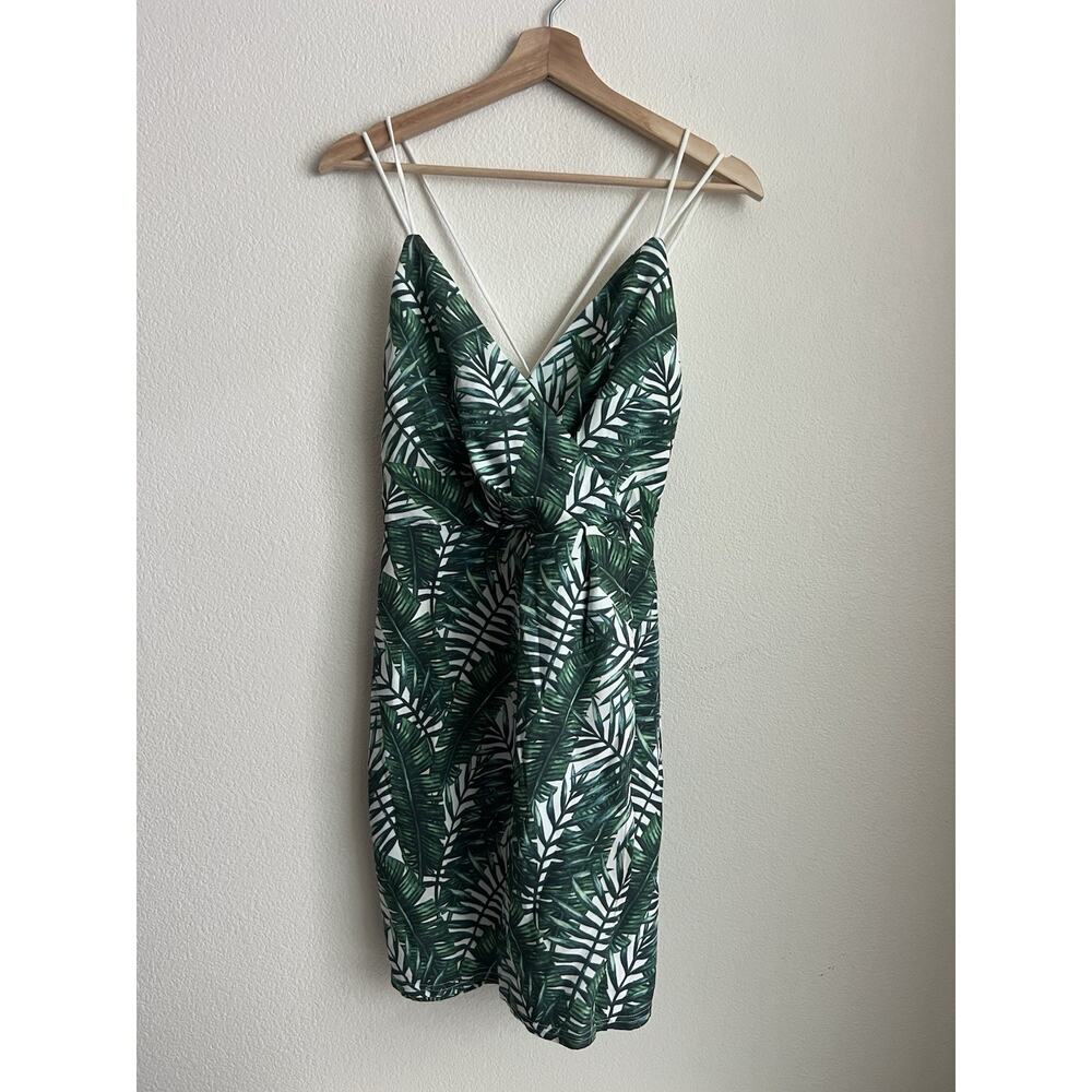 Banjul Dress Womens Small Green White Leaf Tropical Faux Wrap Cross Cross Back - Picture 4 of 10